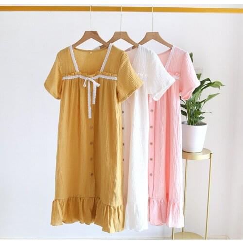 Japanese Summer Ladies Nightdress 100% Cotton Crepe Cute Skirt Thin Embroidery Flowers Short-sleeved Home Skirt Plus Size Sleep