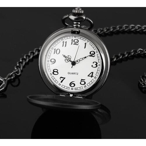 Matte Black/Silver Double Hunter Quartz Pocket Watch Arabic Numerals Display White Dial with Necklace Chain/Pocket Chain