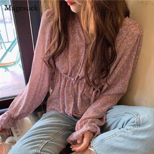 Sweet Casual Women Long Sleeve Slim-waist Shirts Floral Print Ruffle Trim Blouse Ladies Boho Print Purple Pullover Tops 11314