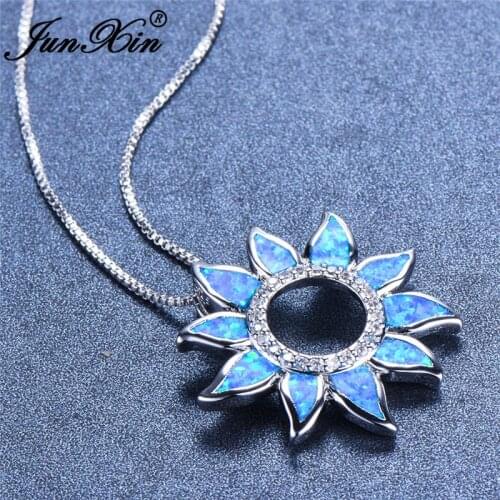 Cute Sun Flower Pendant Necklace White Gold Blue White Fire Opal Necklaces For Women Luxury Rainbow Choker Wedding Jewelry Cz