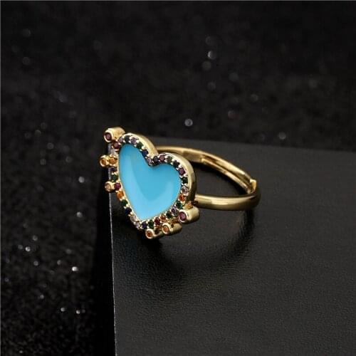 2021 New Fashion Gold Color Copper Wedding Jewelry Femme Bijoux 4 Colors Oil Dripping Heart Charm Ring For Women Adjustable