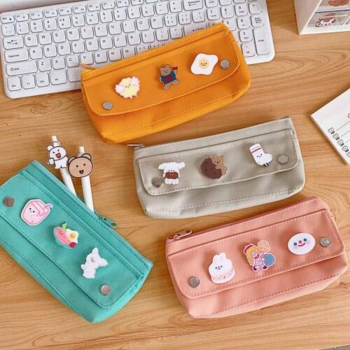 Korean Fashion Pencil Bag Solid Large Capacity Pencil Cases Cute Cartoon Badges Pen Bag Storage Bag School Supplies Stationery