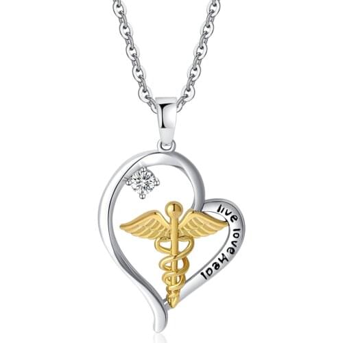 Caduceus Heart Necklace Nurse Necklace Jewelry Doctor RN Medical Student Graduation Gift Live Love Heal Angel Nursing Pendant