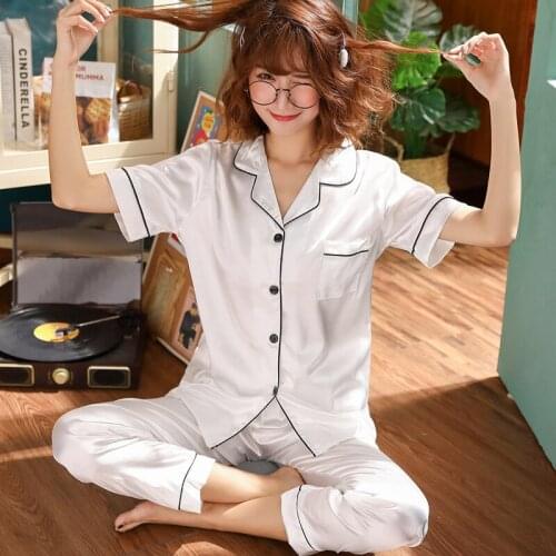 Silk Pajamas Women Satin Pajamas Set 2021 Spring Summer Short Sleeves Long Pants Ladies Silk Pajamas Men Sleepwear Nightwear Set