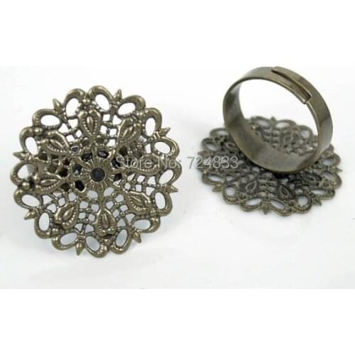 Blank Bezel Ring bases w/ 25mm Circle Hollow Filigree Flower tray Pads Adjustable Ring Settings Antique Bronze tone