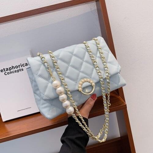 PU Leather Women Luxury Designer Handbags 2021 Shopper Bag Fashion Korean Style Large Capacity Lingge Pearl Chain Crossbody Bags