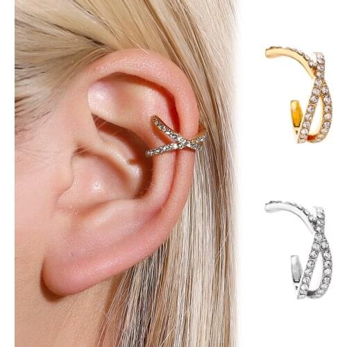 Trendy Rhinestones Crossed C Shape Earclips For Women Girls non pierced Korean Clip Earrings Daily Party Wedding Fashion Jewelry