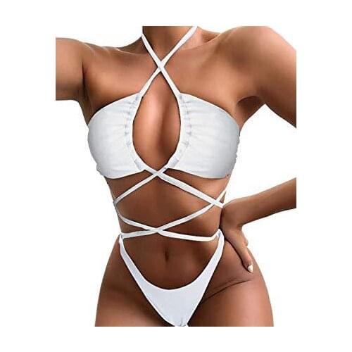 Sexy Solid Color Bikini 2021 Swimsuit Women Halter Lace Up Wrap Around Bikini Set Thong Swimwear Summer Bather Bathing Suit Swim