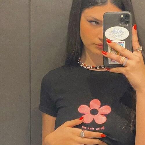 Y2K Streetwear Pink Floral Print Crop Tops Indie Aesthetics O-neck Short Sleeve Graphic Baby Tees Summer Black T-shirts