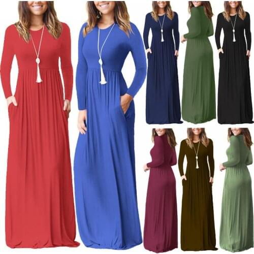 High Quality Spring Autumn Casual Women Maxi Dress Long Sleeve Pleated Loose Dress Pocket Solid Color Elegant Women Robe Stretch