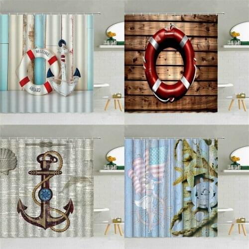 Anchor Lifebuoy Pattern Shower Curtain Wood Texture Boat Supply Bathroom Decor Vintage Newspaper Background Waterproof Curtains