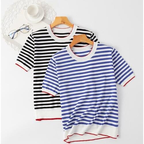 2021 Summer Striped Knitted Oversized T-shirt Womens Clothes Short Sleeved Tee Ice Silk Sea Soul Black Pullover T Shirt Top y2k