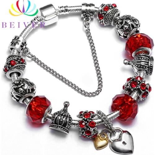 Heart-shaped Ladies Bracelet 4 Color Crystal Silver color Bracelet With DIY Beads Bracelet Ladies Jewelry Fashion Charm Bracelet