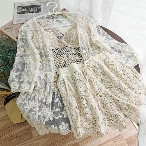 Summer Holiday Beach 3 Piece Set Women Hollow Out Crochet Halter Tank Top + Lace Kimono Cardigan + Shorts Set Boho Clothes