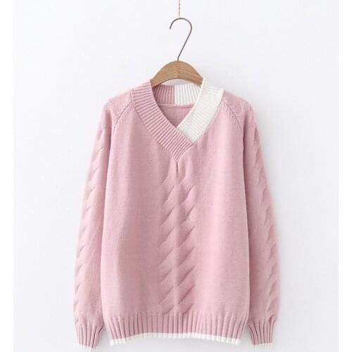 2021 Autumn Winter Knitted Pullover Sweater Women Long Sleeve Spliced V Neck Sweater Pink White Blue Red Jumpers