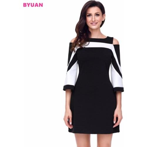 BYUAN Women Dress Elegant 2018 Off Shoulder Office Lady Dress Black White Striped Dress Fashion Pencil Female Dresses Summer