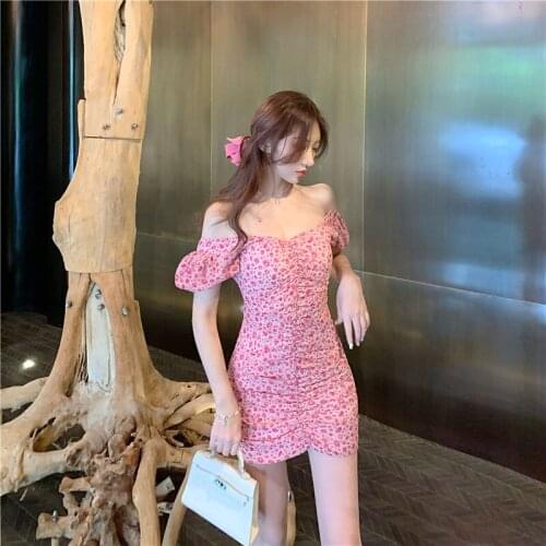 Dress 2021 Fall Sexy French Puff Sleeve Pink Floral Dress One Shoulder Chiffon Dress Womens Clothes Casual Womens Clothing