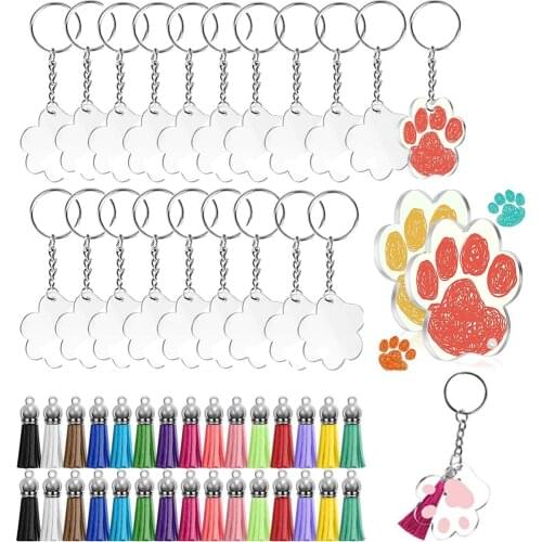 120PC Acrylic Cat Paw Keychain With Tassels Keychain Blanks Acrylic Key Chains For DIY Keyring Vinyl Making Supplies