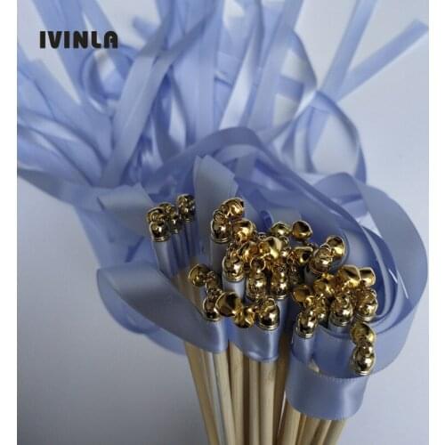 50pcs/lot light blue wedding ribbon wands with sliver bell for wedding decoration