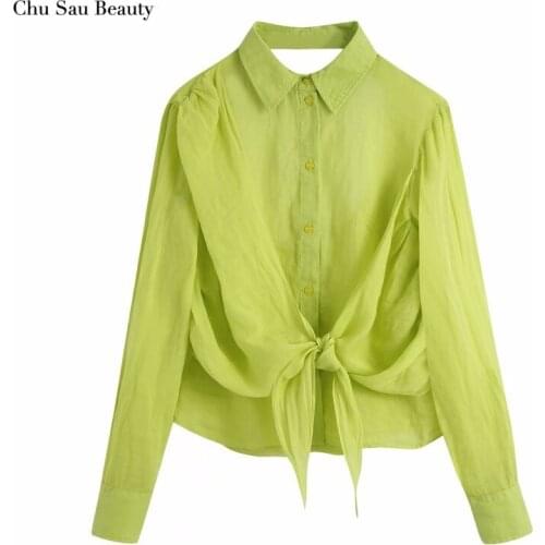 Chu Sau Beauty Za 2021 Summer Ladies Sexy Backless Shirt, Lapel Long-Sleeved Single-Breasted Knotted Shirt, Casual Loose Top