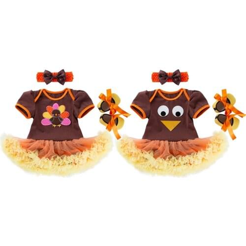 0-24 Months-Thanksgiving Day Infant Toddler Baby Girl Short Sleeve Romper Dress Suit-Iron Stick Kids Clothes-Lace Mesh