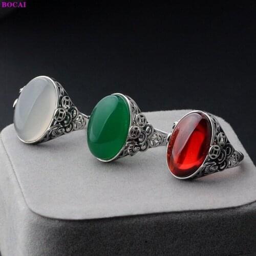 BOCAI 100% S925 Sterling Silver Rings Garnet Chalcedony Agate Ancient Chinese Coin Pattern Pure Argentum Gem Ornament for Women