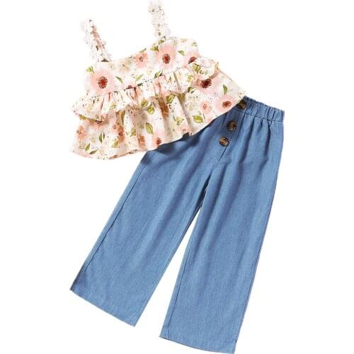 2021 0-6Y Fashion Kids Baby Girl Clothing 3D Flower Straps Floral Print Ruffle Top Vest+Button Blue Wide Leg Pants Summer 2pcs