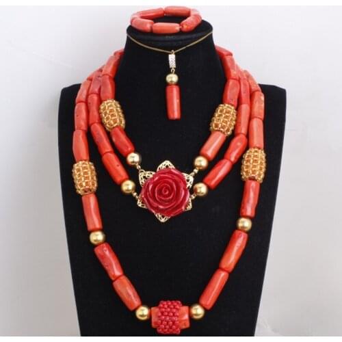 Dudo Orange and Gold Dubai Necklace Set With Red Flower Nature Coral Beads Jewellery Set For African Weddings 3 Layers 3 Pieces