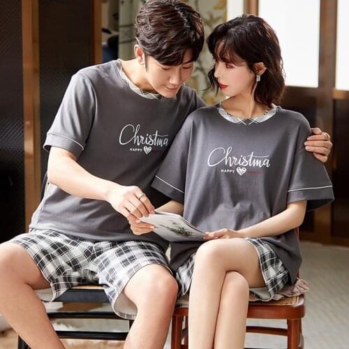 Summer Cotton Short Sleeve Shorts Couple Pajamas Sets Cotton Plus Size Men Homewear Fashion Black Plaid Couple Letter Sleepwear
