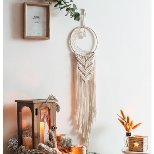 P15D Bohemian Hand-Woven Circle Dream Catcher with Crystal Quartz Stone Pendant Macrame Tassels Wall Hanging Tapestry Home