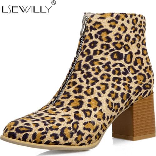 Lsewilly Large Size Square Block High Heels Ankle Boots for Women Footwear Flock Leopard Yellow Bootie Zipper Ladies Shoes K115