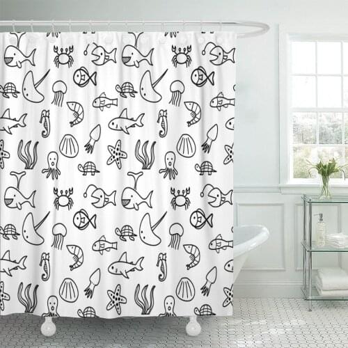 Jellyfish Sea Animal Life in Ocean Pattern Line Cartoon Bathroom Curtain Waterproof Polyester Fabric 72 x 78 inches Set
