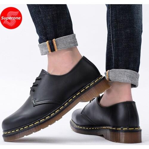Men Women Short Boots Genuine Leather Men British Shoes Work Footwear Thick Heel Small Leather Shoe Oxfords For Unisex 34-46