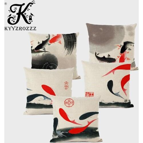 Chinese Style Home Decoration Cushion Cover Ink Painting Fish Print High Quality Pillow Custom Throw Pillow Cover on Pillow