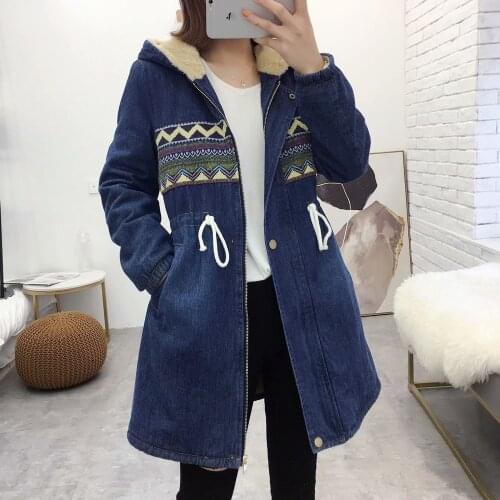 New Womens Denim Jacket Winter 2021 Printing Warm Thicken Plus Velvet Cotton Padded Coat Loose Hooded Long Outerwear Female