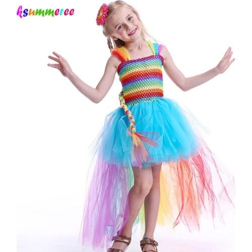 Girls Princess Rainbow Braid Tutu Dress Children Birthday Gifts Clown Long Tail Dress Kids Cosplay Halloween Wedding Costumes
