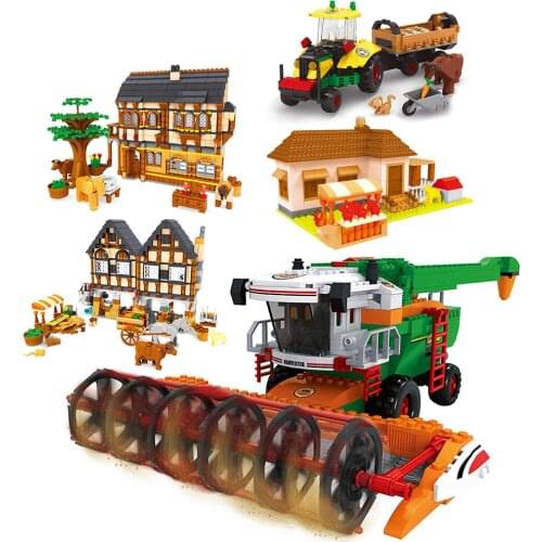 Farm mechanical Combine Harvester model Building Blocks bricks Tractors Machine reaping town house village carriage technique