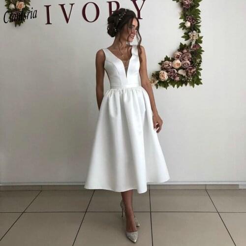 Vintage V-Neck Tea-Length A-Line Wedding Dress Simple Satin Sleeveless Open Back Short Bridal Gown Vestido De Novia