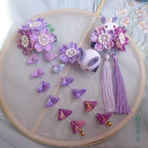 Japanese Cute Sakura Rabbit Tsumami zaiku Kanzashi Hairpin Tassel Hair Clip Geisha Kimono Yukata Handwork Hair Clip Headwear