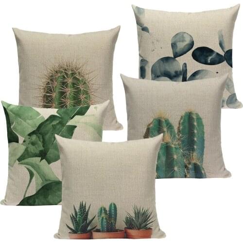 Green Cushion Cover Cactus Palm Leaves Bedroom Car Cotton Linen for Car Home Decoraction Sofa Mordon 45x45Cm Custom Pillow Case