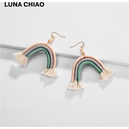 LUNA CHIAO Fashion Jewelry Rainbow Design Dangle Drop Earring Handmade Cotton Thread Braided Boho Statement Earrings for Women