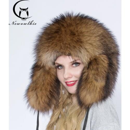 Real Whole fur Raccoon dog Fur Pompom Hats Female Beanies Hat Natural Raccoon Fur for Womens Cap Winter Hats