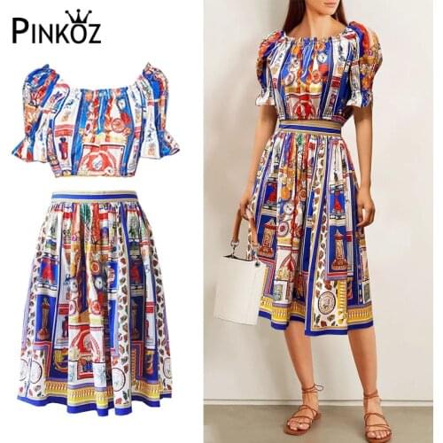 Pinkoz two pieces set women blue baroque pattern printed slash neck off the shoulder short tops A-line midi skirt lady boho traf