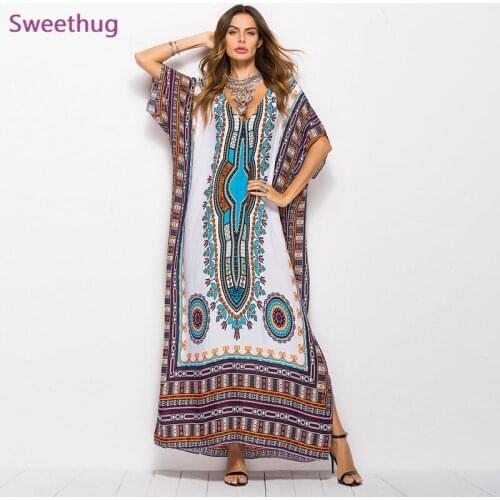 2021 Dubai Maxi Kaftan Women Muslim Dress Print Vintage Female Beach Summer Robe Large Size Arabes Abaya Islamic Clothing