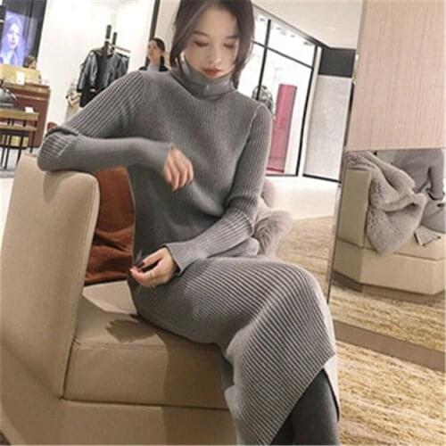 100%cashmere bump stripe knit women casual slim long sweater dress high collar solid color XS-M