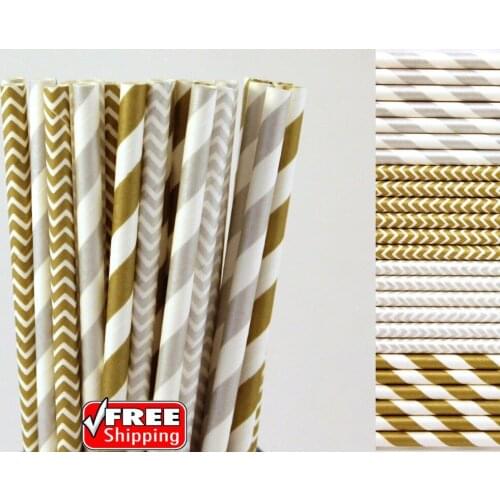 200pcs Mixed 4 Designs Metallic Silver and Gold Themed Paper Straws-Striped,Chevron Holiday Christmas Wedding Party Drinking