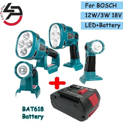 3W/12W 18V Pistol/Portable Spotlight Work LED Torch Warning Lamp Flashlight BAT618 Li-Ion Battery USB Outdoor Light For BOSCH