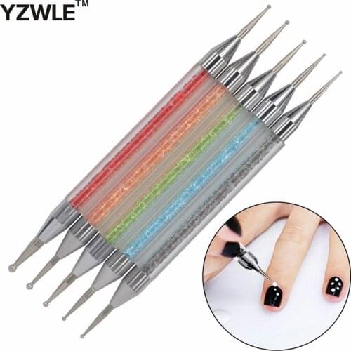 YWK 5Pcs/Pack Nail Art Tools Rhinestones Painting Drawing Brush Pen 2 Way Nail Art Dotting Tool 15
