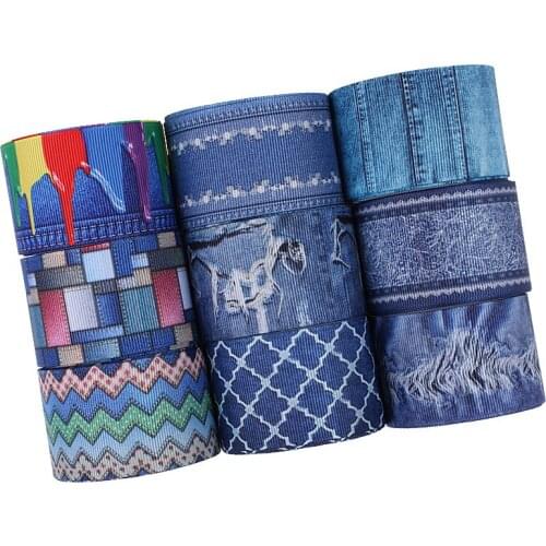 50 yards/lot) Popular 1-1/2" jeans patterns printed hair bows ribbon