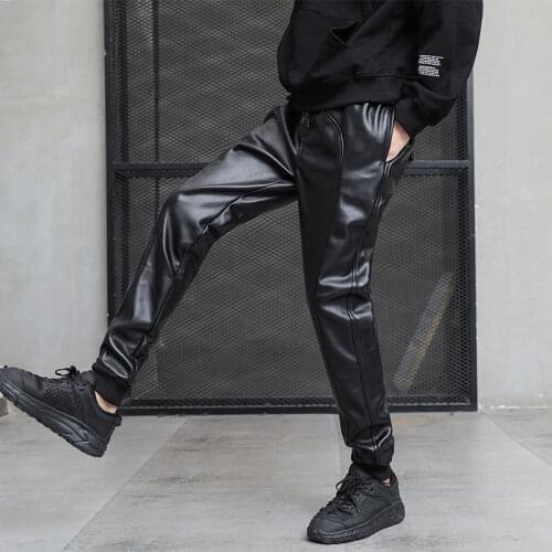 2021 Mens Elastic Waist Loose Harem Stitching Leather Pants Slim-Fitting Biker Ankle Tight Ankle Tied PU Leather Pants